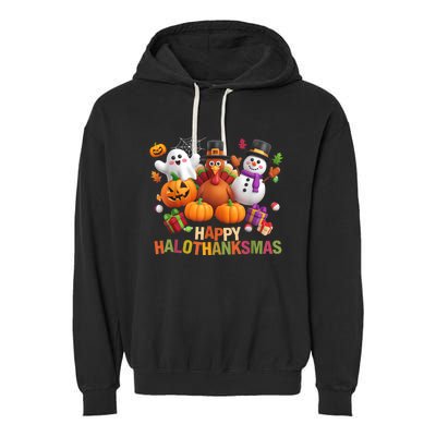 Happy Hallothanksmas Halloween Thanksgiving Christmas Squad Garment-Dyed Fleece Hoodie