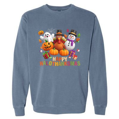 Happy Hallothanksmas Halloween Thanksgiving Christmas Squad Garment-Dyed Sweatshirt