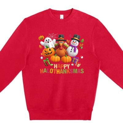 Happy Hallothanksmas Halloween Thanksgiving Christmas Squad Premium Crewneck Sweatshirt