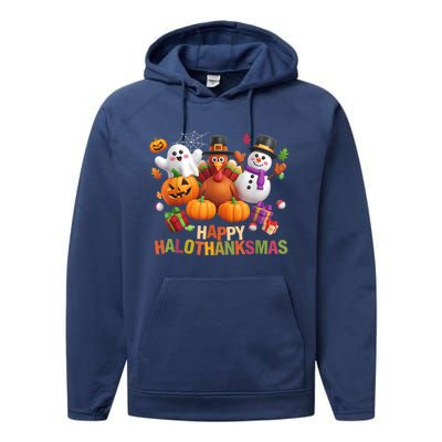 Happy Hallothanksmas Halloween Thanksgiving Christmas Squad Performance Fleece Hoodie