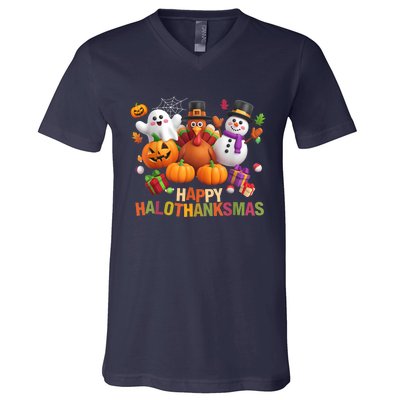 Happy Hallothanksmas Halloween Thanksgiving Christmas Squad V-Neck T-Shirt