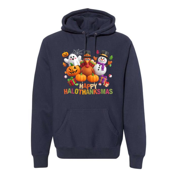 Happy Hallothanksmas Halloween Thanksgiving Christmas Squad Premium Hoodie