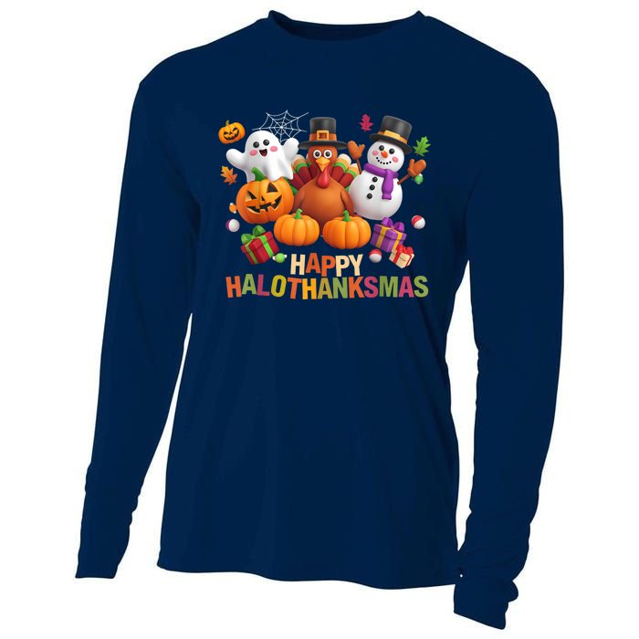 Happy Hallothanksmas Halloween Thanksgiving Christmas Squad Cooling Performance Long Sleeve Crew