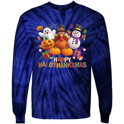 Happy Hallothanksmas Halloween Thanksgiving Christmas Squad Tie-Dye Long Sleeve Shirt