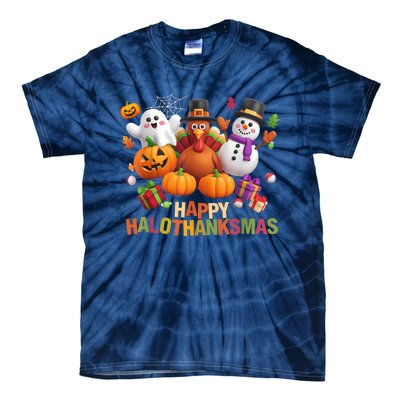 Happy Hallothanksmas Halloween Thanksgiving Christmas Squad Tie-Dye T-Shirt