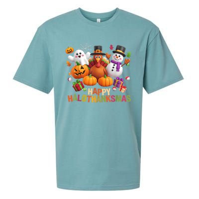 Happy Hallothanksmas Halloween Thanksgiving Christmas Squad Sueded Cloud Jersey T-Shirt