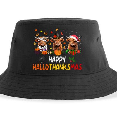 Happy Hallothanksmas Highland Cow Print Halloween Christmas  Sustainable Bucket Hat