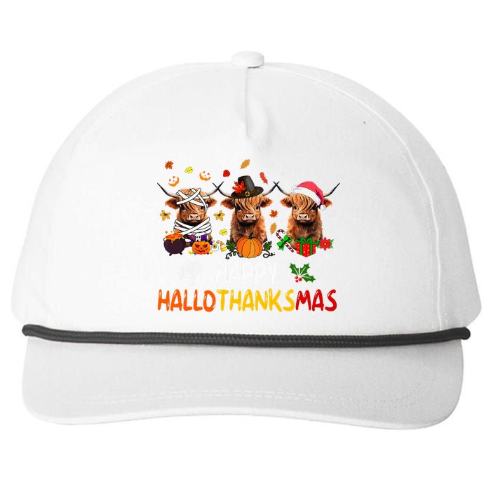 Happy Hallothanksmas Highland Cow Print Halloween Christmas  Snapback Five-Panel Rope Hat