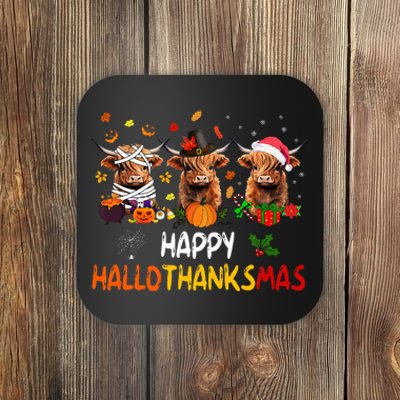 Happy Hallothanksmas Highland Cow Print Halloween Christmas  Coaster