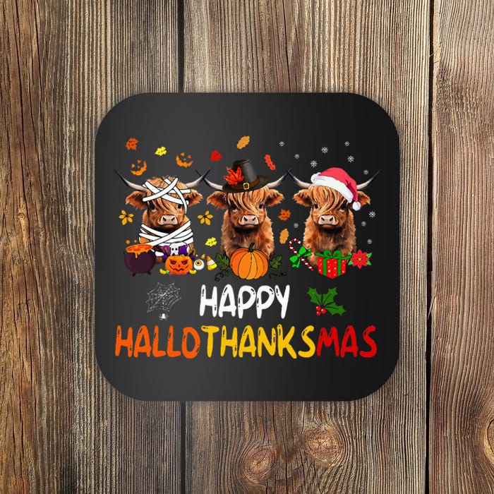 Happy Hallothanksmas Highland Cow Print Halloween Christmas  Coaster