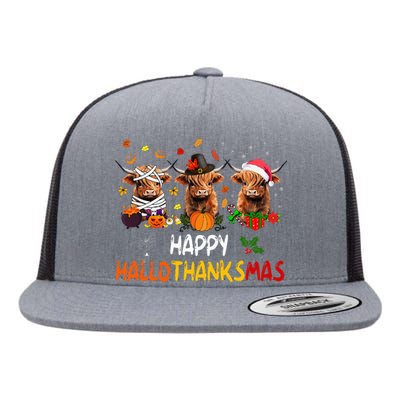 Happy Hallothanksmas Highland Cow Print Halloween Christmas  Flat Bill Trucker Hat