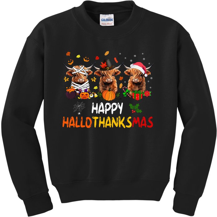 Happy Hallothanksmas Highland Cow Print Halloween Christmas  Kids Sweatshirt