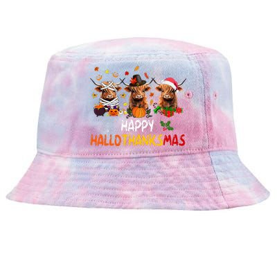 Happy Hallothanksmas Highland Cow Print Halloween Christmas  Tie-Dyed Bucket Hat