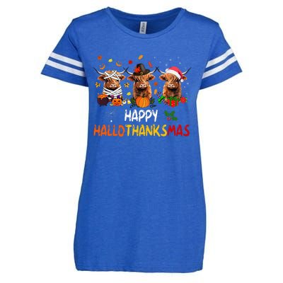 Happy Hallothanksmas Highland Cow Print Halloween Christmas  Enza Ladies Jersey Football T-Shirt