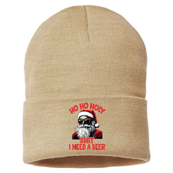 Ho Ho Holy Shit I Need A Beer Funny Santa Christmas Drinking Sustainable Knit Beanie