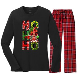 Ho Ho Ho Santa Gnomes Buffalo Plaid Christmas Women's Long Sleeve Flannel Pajama Set 