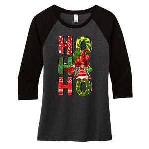 Ho Ho Ho Santa Gnomes Buffalo Plaid Christmas Women's Tri-Blend 3/4-Sleeve Raglan Shirt