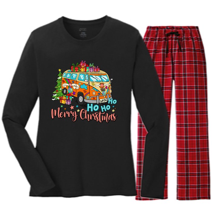 Ho Ho Ho Merry Christmas Gifts Hippie Bus Funny Xmas Women's Long Sleeve Flannel Pajama Set 