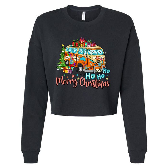 Ho Ho Ho Merry Christmas Gifts Hippie Bus Funny Xmas Cropped Pullover Crew