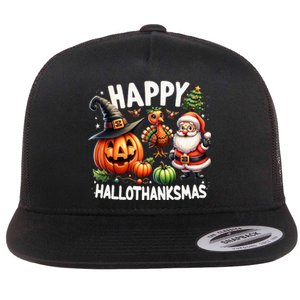 Happy Hallothanksmas Halloween Merry Christmas Thanksgiving Flat Bill Trucker Hat