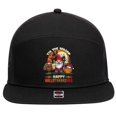 Happy Hallothanksmas Halloween Thanksgiving Merry Christmas 7 Panel Mesh Trucker Snapback Hat