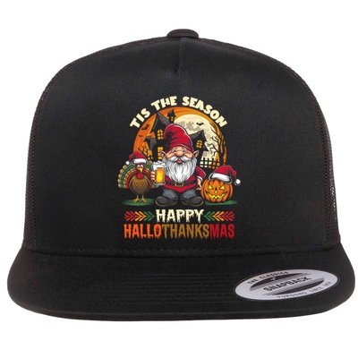 Happy Hallothanksmas Halloween Thanksgiving Merry Christmas Flat Bill Trucker Hat