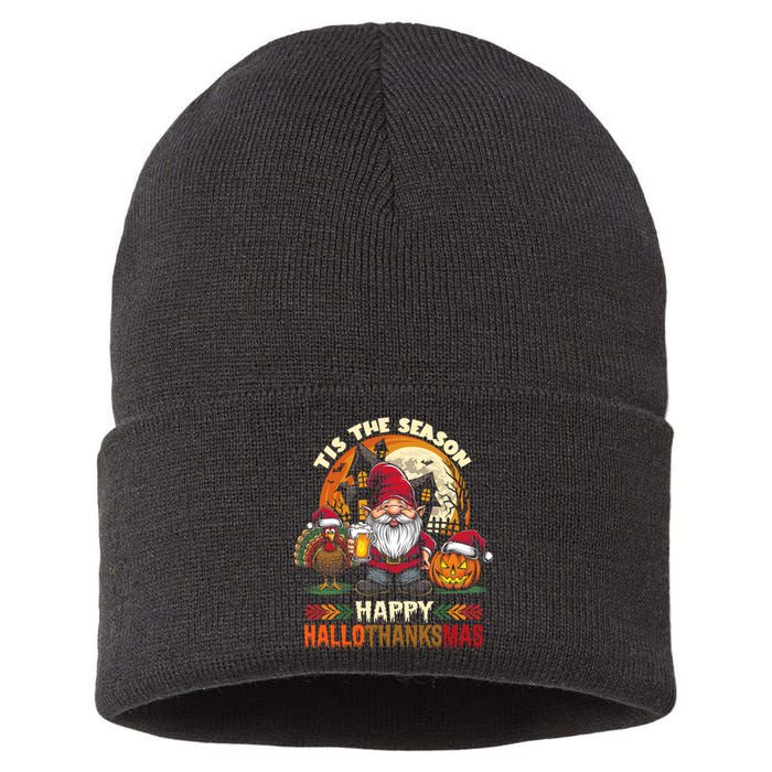 Happy Hallothanksmas Halloween Thanksgiving Merry Christmas Sustainable Knit Beanie