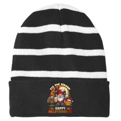 Happy Hallothanksmas Halloween Thanksgiving Merry Christmas Striped Beanie with Solid Band