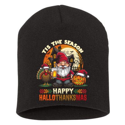 Happy Hallothanksmas Halloween Thanksgiving Merry Christmas Short Acrylic Beanie