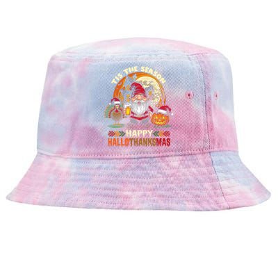 Happy Hallothanksmas Halloween Thanksgiving Merry Christmas Tie-Dyed Bucket Hat