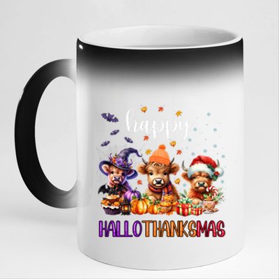 Happy Hallothanksmas Highland Cow Halloween Merry Christmas Long Sleeve 11oz Black Color Changing Mug