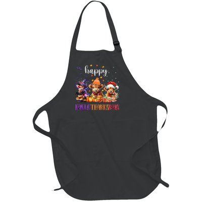 Happy Hallothanksmas Highland Cow Halloween Merry Christmas Long Sleeve Full-Length Apron With Pockets