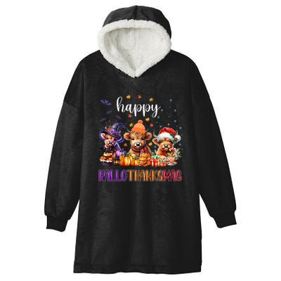 Happy Hallothanksmas Highland Cow Halloween Merry Christmas Long Sleeve Hooded Wearable Blanket