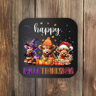 Happy Hallothanksmas Highland Cow Halloween Merry Christmas Long Sleeve Coaster