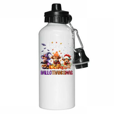 Happy Hallothanksmas Highland Cow Halloween Merry Christmas Long Sleeve Aluminum Water Bottle 