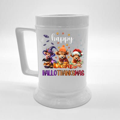 Happy Hallothanksmas Highland Cow Halloween Merry Christmas Long Sleeve Beer Stein