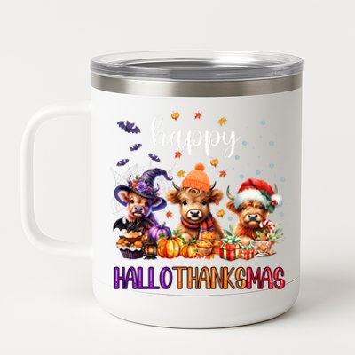 Happy Hallothanksmas Highland Cow Halloween Merry Christmas Long Sleeve 12 oz Stainless Steel Tumbler Cup