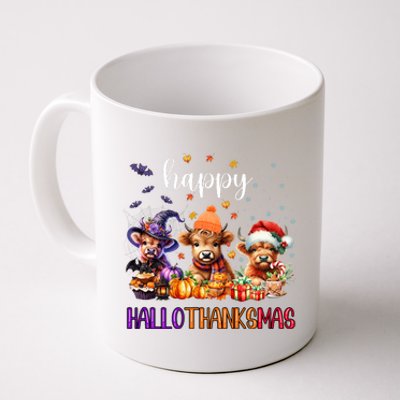 Happy Hallothanksmas Highland Cow Halloween Merry Christmas Long Sleeve Coffee Mug