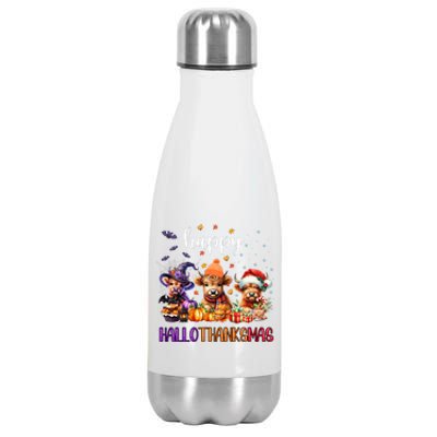 Happy Hallothanksmas Highland Cow Halloween Merry Christmas Long Sleeve Stainless Steel Insulated Water Bottle