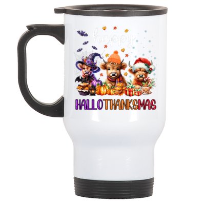 Happy Hallothanksmas Highland Cow Halloween Merry Christmas Long Sleeve Stainless Steel Travel Mug