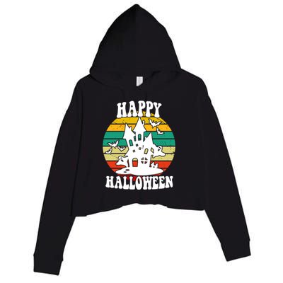 Happy Halloween Hunted House Vintage Crop Fleece Hoodie