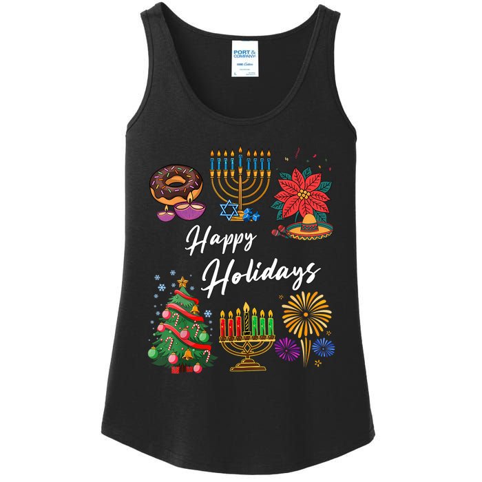 Happy Holidays Hanukkah Feliz Navidad Christmas Kwanzaa Ladies Essential Tank