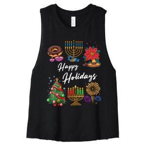 Happy Holidays Hanukkah Feliz Navidad Christmas Kwanzaa Women's Racerback Cropped Tank