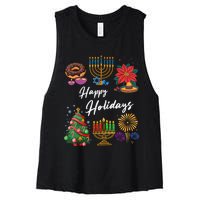 Happy Holidays Hanukkah Feliz Navidad Christmas Kwanzaa Women's Racerback Cropped Tank