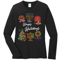 Happy Holidays Hanukkah Feliz Navidad Christmas Kwanzaa Ladies Long Sleeve Shirt