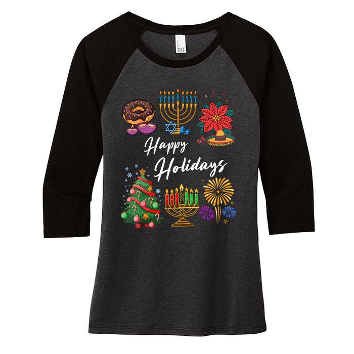 Happy Holidays Hanukkah Feliz Navidad Christmas Kwanzaa Women's Tri-Blend 3/4-Sleeve Raglan Shirt