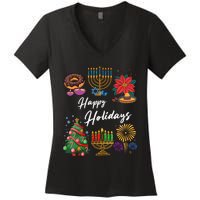 Happy Holidays Hanukkah Feliz Navidad Christmas Kwanzaa Women's V-Neck T-Shirt