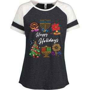 Happy Holidays Hanukkah Feliz Navidad Christmas Kwanzaa Enza Ladies Jersey Colorblock Tee