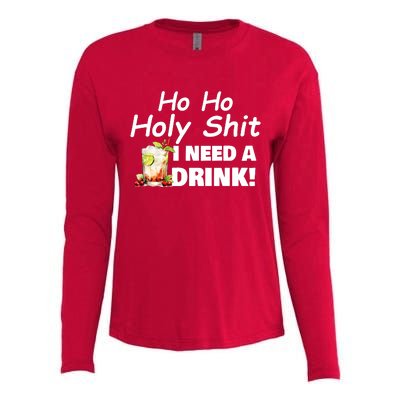 Ho Ho Holy I Need A Drink Funny Christmas Santa Claus Womens Cotton Relaxed Long Sleeve T-Shirt