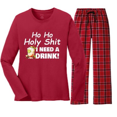 Ho Ho Holy I Need A Drink Funny Christmas Santa Claus Women's Long Sleeve Flannel Pajama Set 